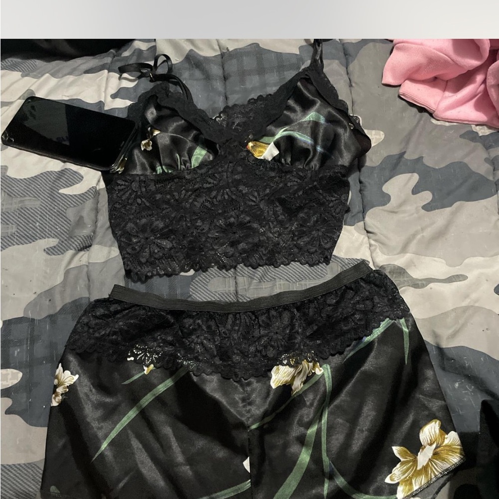 Floral Lace Black Sleepwear Set